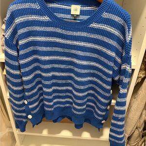 CAbi Blue and White Striped Crew Neck Sweater